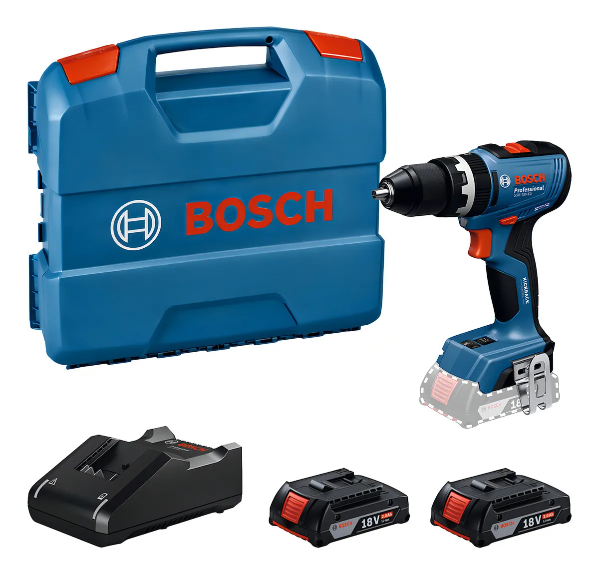 Kit Furadeira Parafusadeira Bosch GSB 18V-65 com maleta, carregador e 2 baterias